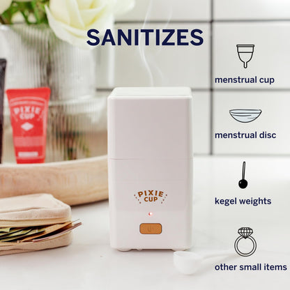 Pixie Menstrual Cup Steam Cleaner - Wash Your Cup + Kill 99.9% of Germs with Cleanser Steam for Feminine Care - 3 Minutes and Your Period Cup is Sterile! Automatic Shut Off - FSA Eligible (White)