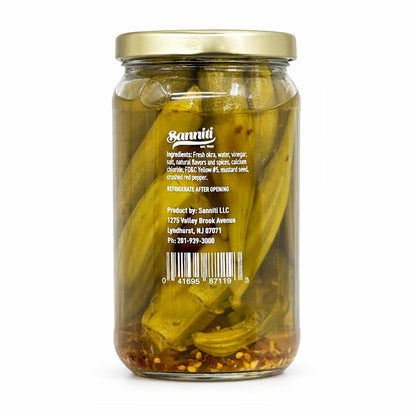 Sanniti Hot Pickled Okra | Infused with Crushed Red Pepper | Crunchy and Fiery Heat | 14.5 oz