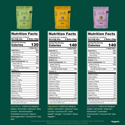 Jools High Fiber Date Bites Variety Pack | No Added Sugar, Plant-Based Superfood Snack with Ashwagandha & Maca, Ginger & Turmeric, Chamomile & Lavender - Vegan, Gluten Free - 3 Pack