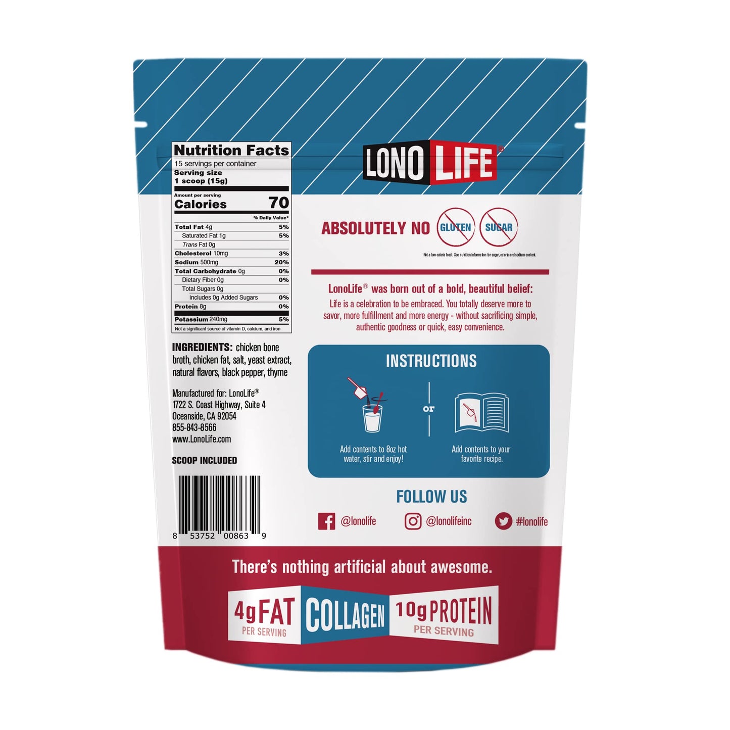 LonoLife Keto Chicken Bone Broth Powder Mix | 10g Protein | Collagen-Rich, Keto & Paleo Friendly | Natural Ingredients | 8oz Bulk Container (15 Servings)