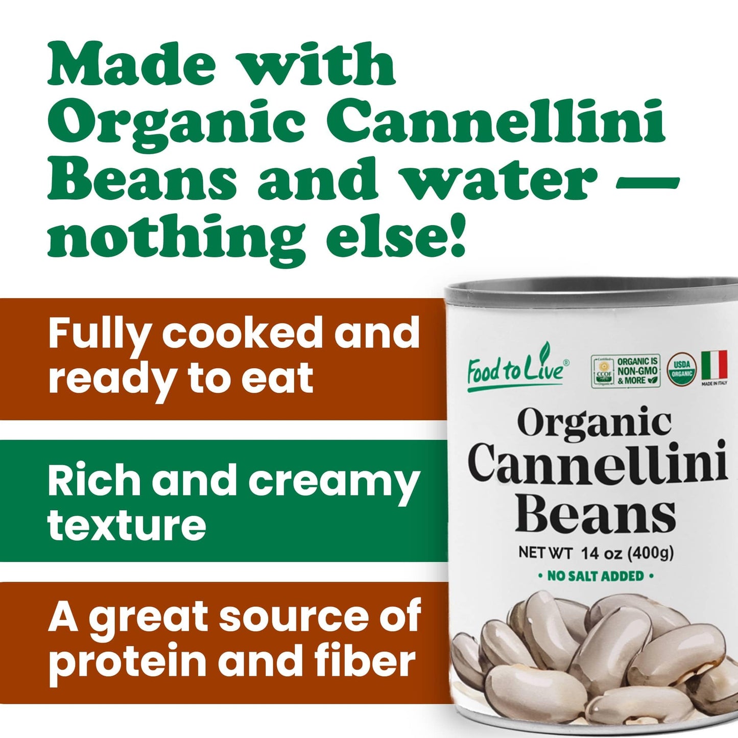Food to Live Organic Italian Canned Cannellini Beans, 14 oz (Pack of 4) - Unsalted Non-GMO White Kidney Beans. Good Source of Fiber and Protein