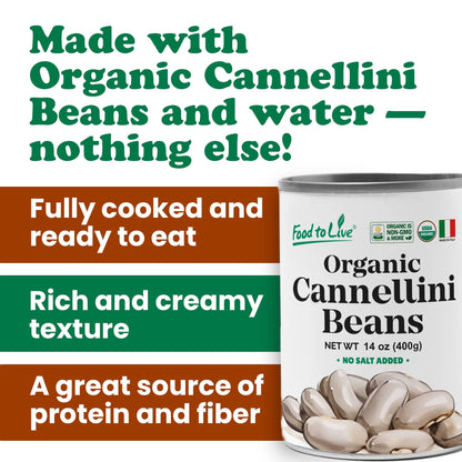 Food to Live Organic Italian Canned Cannellini Beans, 14 oz (Pack of 4) - Unsalted Non-GMO White Kidney Beans. Good Source of Fiber and Protein