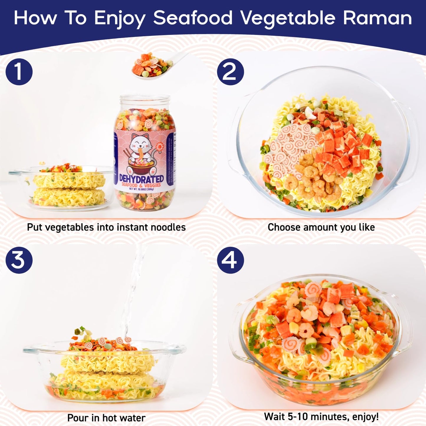 Dehydrated Freeze-Dried Seafood & Vegetable Mix - 100% Natural Ramen Toppings for Soups, 11 Mixed Ingredients, No additions, Ideal for Cooking, Pizza, Emergency Supply, 10.58OZ