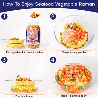Dehydrated Freeze-Dried Seafood & Vegetable Mix - 100% Natural Ramen Toppings for Soups, 11 Mixed Ingredients, No additions, Ideal for Cooking, Pizza, Emergency Supply, 10.58OZ