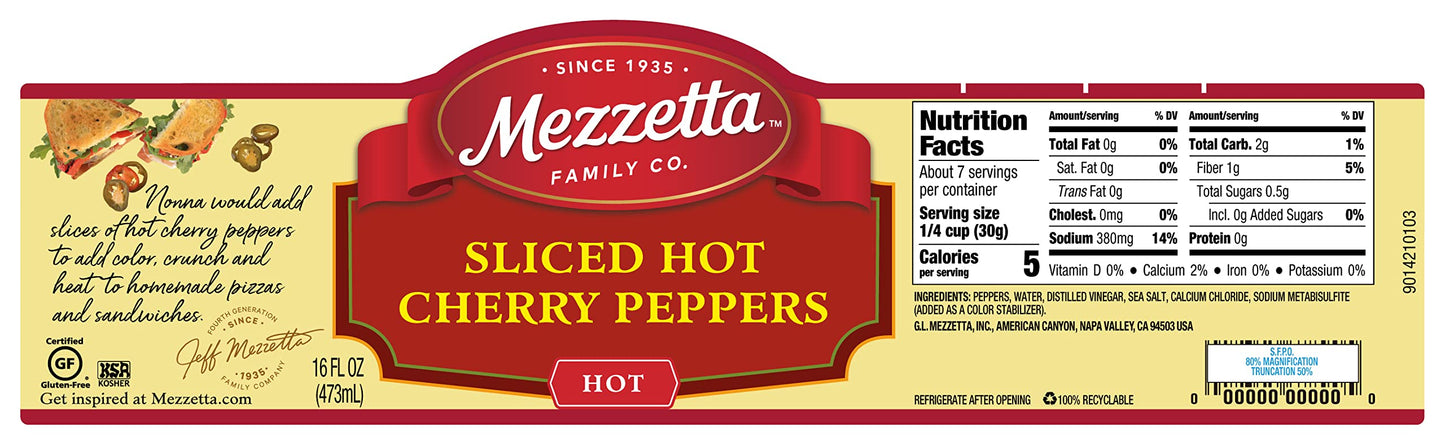 Mezzetta Sliced Hot Cherry Peppers | Gluten Free, Keto, Kosher | 16 Fluid Ounce Jar (Pack of 6)