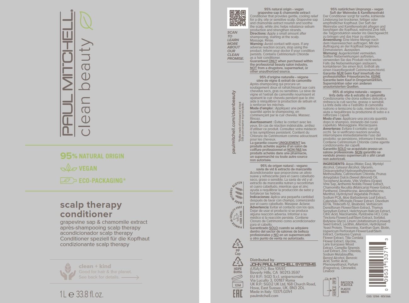 Paul Mitchell Clean Beauty Scalp Therapy Conditioner, Gently Conditions + Cools All Hair Types, Especially Dry, Oily + Sensitive Scalps