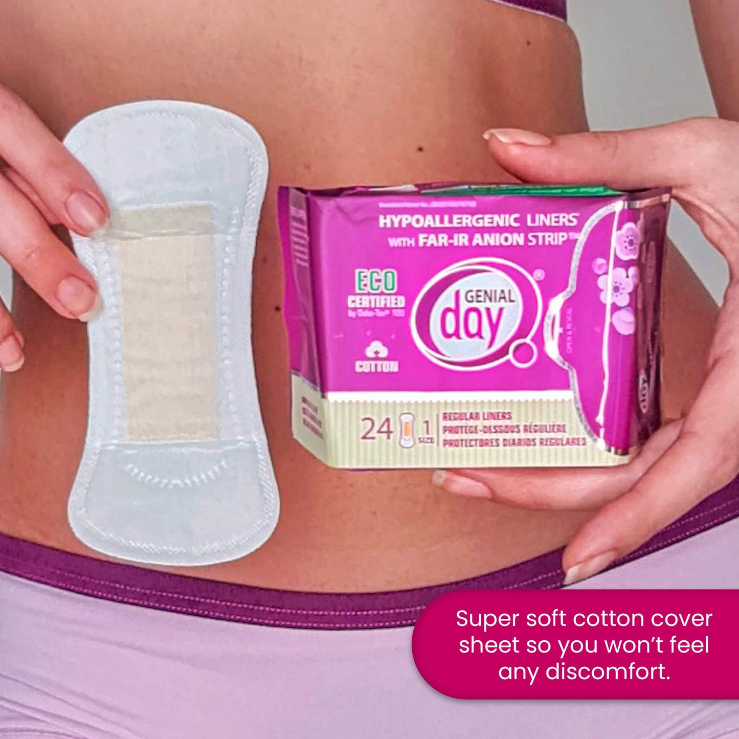 Genial Day - Cotton Panty Liners, Vegan & Non-Toxic Liners, for Women with Far-IR Anion Strip, Soft & Breathable, 6.1 Inches Long (Regular), 216 Liners, 9 Packs X 24