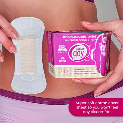 Genial Day - Cotton Panty Liners, Vegan & Non-Toxic Liners, for Women with Far-IR Anion Strip, Soft & Breathable, 6.1 Inches Long (Regular), 216 Liners, 9 Packs X 24
