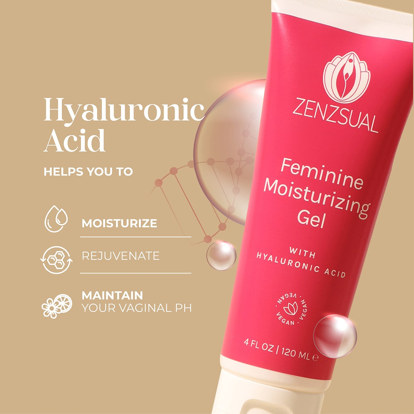 ZENZSUAL Feminine Moisturizing Gel - with Hyaluronic Acid, Water Based Vaginal Moisturizer for Dryness, Irritation, Itchiness, or Discomfort, Fragrance-Free, 100% Vegan, No Parabens, 4oz (120ml)