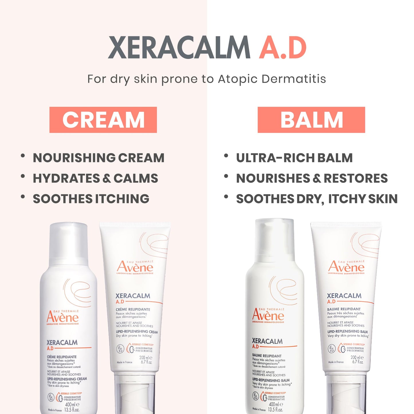 Avène XeraCalm A.D Lipid-Replenishing Balm, Atopic Dermatitis, Eczema-Prone Skin, For dry, itchy Skin, Restore Skin Barrier, Infants, Children & Adults, No Preservatives, Fragrance-Free 6.7 Oz.