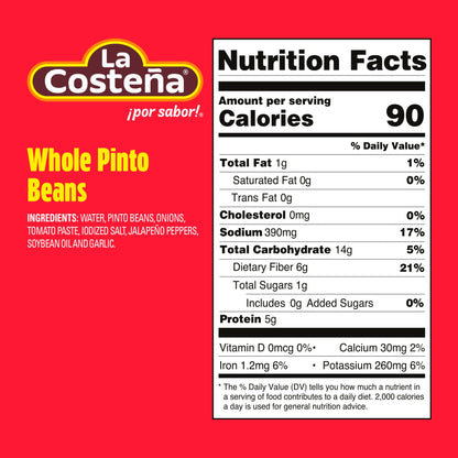 La Costeña Whole Pinto Beans - Ready-to-Eat Canned Pinto Beans for Mexican Food, Vegetarian Chili Ingredients, Bean Dip, Bean Burger, Burrito & Vegan Protein Salad - 19.75 oz, 12 Pack Canned Food