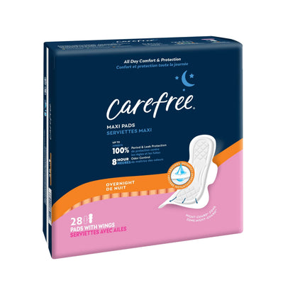 Carefree Maxi Pads for Women, Overnight Pads with Wings, 28ct | Carefree Pads, Feminine Care, Period Pads & Postpartum Pads | 28ct (Pack of 1)