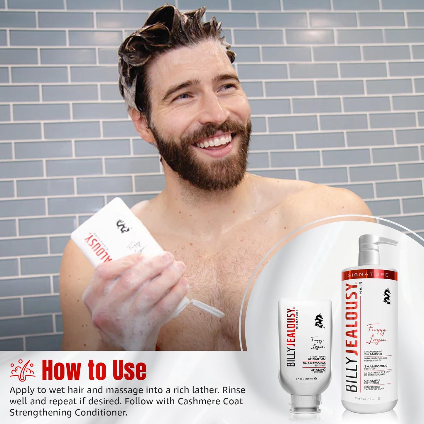 Billy Jealousy Fuzzy Logic Strengthening Mens Shampoo, Adds Volume, Prevents Hair Loss, Promotes Circulation & Healthy Growth, Peppermint Scent