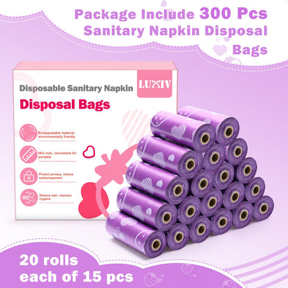 300P Sanitary Napkin Disposal Bags, Luxiv Disposable Sanitary Bags Rolls Personal Care Disposal Bag for Diapers, Tampons, Pad Period Bag Disposal Feminine Hygiene Products Bags with Scent (Purple)