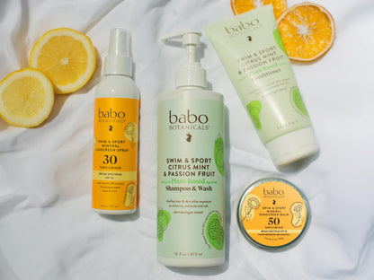 Babo Botanicals Swim & Sport Citrus Mint & Passion Fruit Shampoo & Wash - Purifying Cleanser for hair & body- Removes chlorine & sweat - For all ages - Scented with Citrus & Peppermint Essential Oils