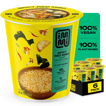 immi Spicy Red Miso Ramen Cup Noodles - 18g Plant-Based Protein, 8g Net Carbs, Keto Friendly, High Protein, High Fiber, Ready to Eat, 6 Pack