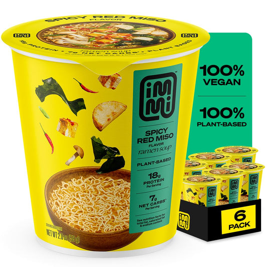 immi Spicy Red Miso Ramen Cup Noodles - 18g Plant-Based Protein, 8g Net Carbs, Keto Friendly, High Protein, High Fiber, Ready to Eat, 6 Pack