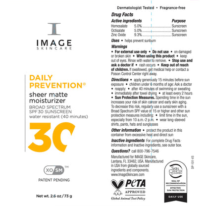 IMAGE Skincare DAILY PREVENTION Sheer Matte Moisturizer, SPF 30 Broad Spectrum Sunscreen for Shine Control