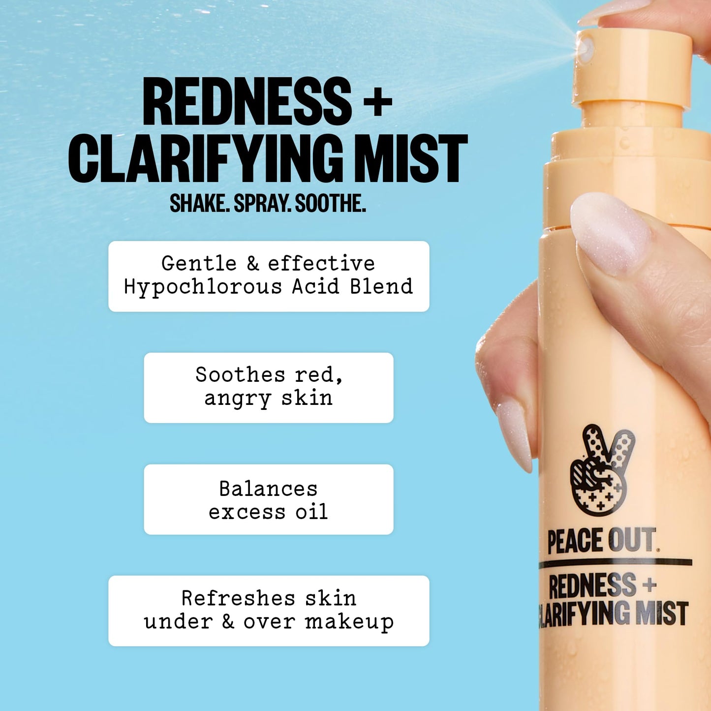 PEACE OUT Redness + Clarifying Mist, Hypochlorous Acid Facial Spray for Acne-Prone Skin, Helps Calm Redness, Control Excess Oil, and Refresh Skin Over and Under Makeup, 3.3 fl oz