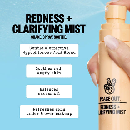 PEACE OUT Redness + Clarifying Mist, Hypochlorous Acid Facial Spray for Acne-Prone Skin, Helps Calm Redness, Control Excess Oil, and Refresh Skin Over and Under Makeup, 3.3 fl oz