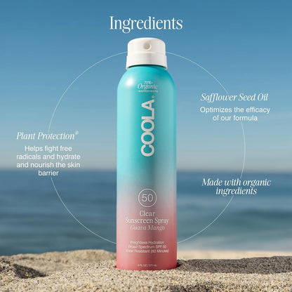 COOLA Organic Sunscreen SPF 50 Sunblock Spray, Dermatologist Tested Skin Care for Daily Protection, Vegan and Gluten Free, Guava Mango