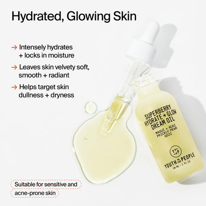 Youth To The People Superberry Hydrate + Glow Dream Face Oil - Revives Dull + Dry Skin, Boosts Radiance, Hydrating, Ultra-Lightweight Formula, Vitamin C, Squalane, Omega Oils, Vegan - 1 fl oz