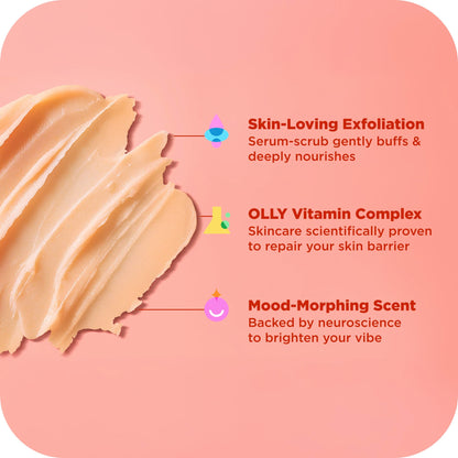 OLLY Bright Body Scrub with Ginseng, Caffeine & Vitamin C– Nourishing Cleanser for Skin Exfoliation, SkinBarrier Repair, Citrus Currant Scent, 6 oz