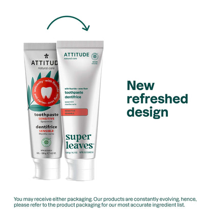 Attitude Sensitive Toothpaste with Fluoride, Spearmint Flavor, Vegan & Cruelty-Free, Sugar-Free, Plant & Mineral-Based Ingredients, Clean Oral Care, 4.2 Oz