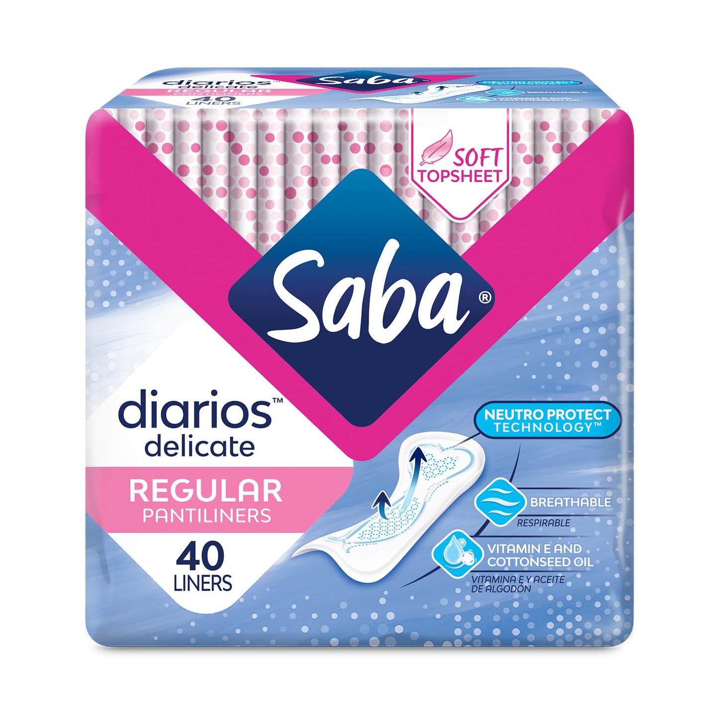 SABA Diarios Regular Delicate Pantiliners, Unscented, Breathable & Comfortable for Everyday Freshness, 10-Pack of 40 Pads (400 Count)