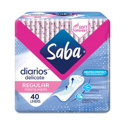 SABA Diarios Regular Delicate Pantiliners, Unscented, Breathable & Comfortable for Everyday Freshness, 10-Pack of 40 Pads (400 Count)