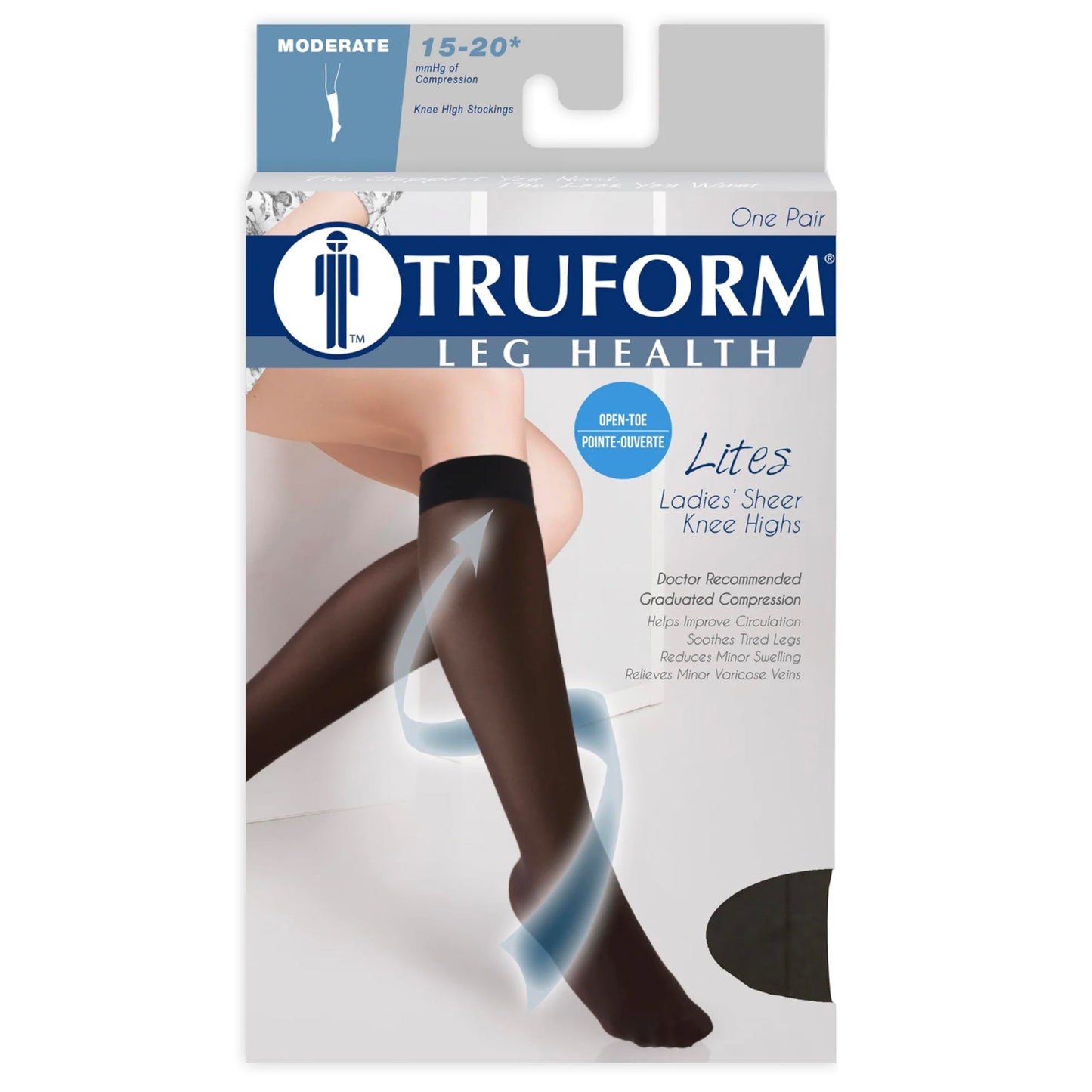 Truform Sheer Compression Stockings, 15-20 mmHg, Women's Knee High Length, Open Toe, 20 Denier, Espresso, X-Large