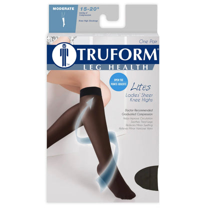 Truform Sheer Compression Stockings, 15-20 mmHg, Women's Knee High Length, Open Toe, 20 Denier, Espresso, X-Large