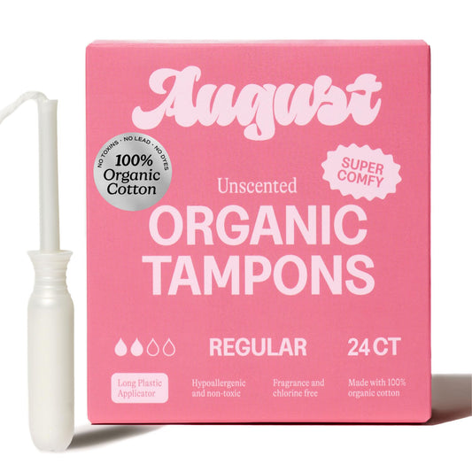 August Regular Tampons - 24-Pack 100% Organic Cotton Tampons for Women and Anyone Who Menstruates, Non-Toxic, Fragrance-Free, and Hypoallergenic with Long Applicators