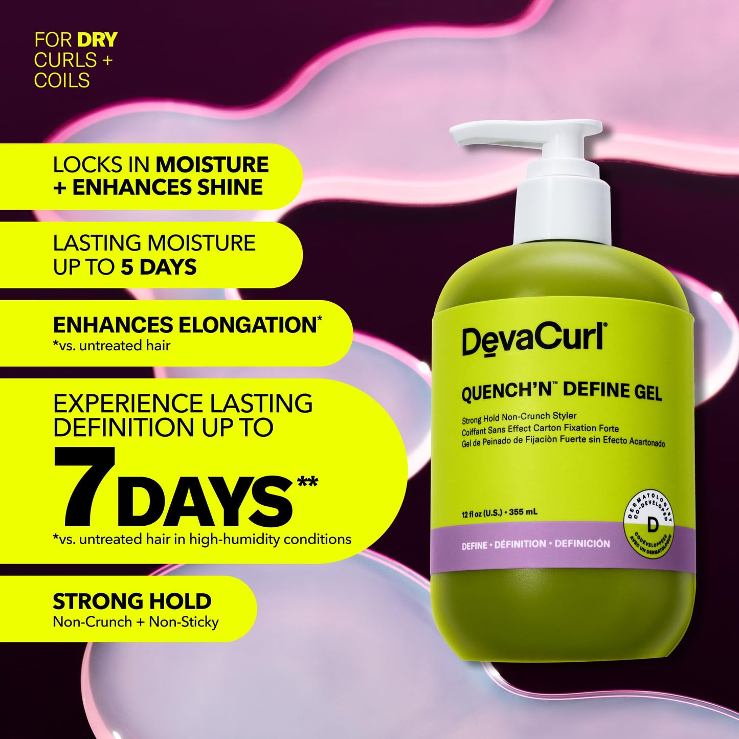 DevaCurl Quench'n Define Gel Strong Hold Non-Crunch Styler | Lasts up to 7 Days | Locks & Moisturizes Curls | Enhances Shine
