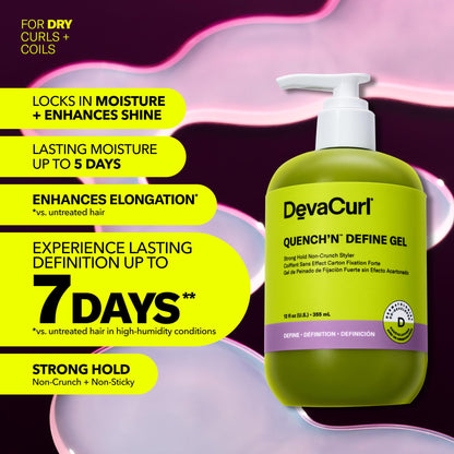 DevaCurl Quench'n Define Gel Strong Hold Non-Crunch Styler | Lasts up to 7 Days | Locks & Moisturizes Curls | Enhances Shine