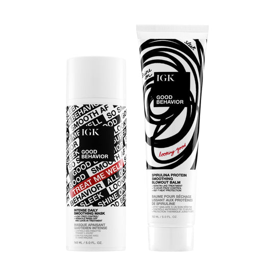 IGK Good Behavior Bonding Mask + Good Behavior Blow Out Balm – Hair Repair & Styling Duo for Frizz Control, Smoothness & Shine – Vegan & Cruelty-Free