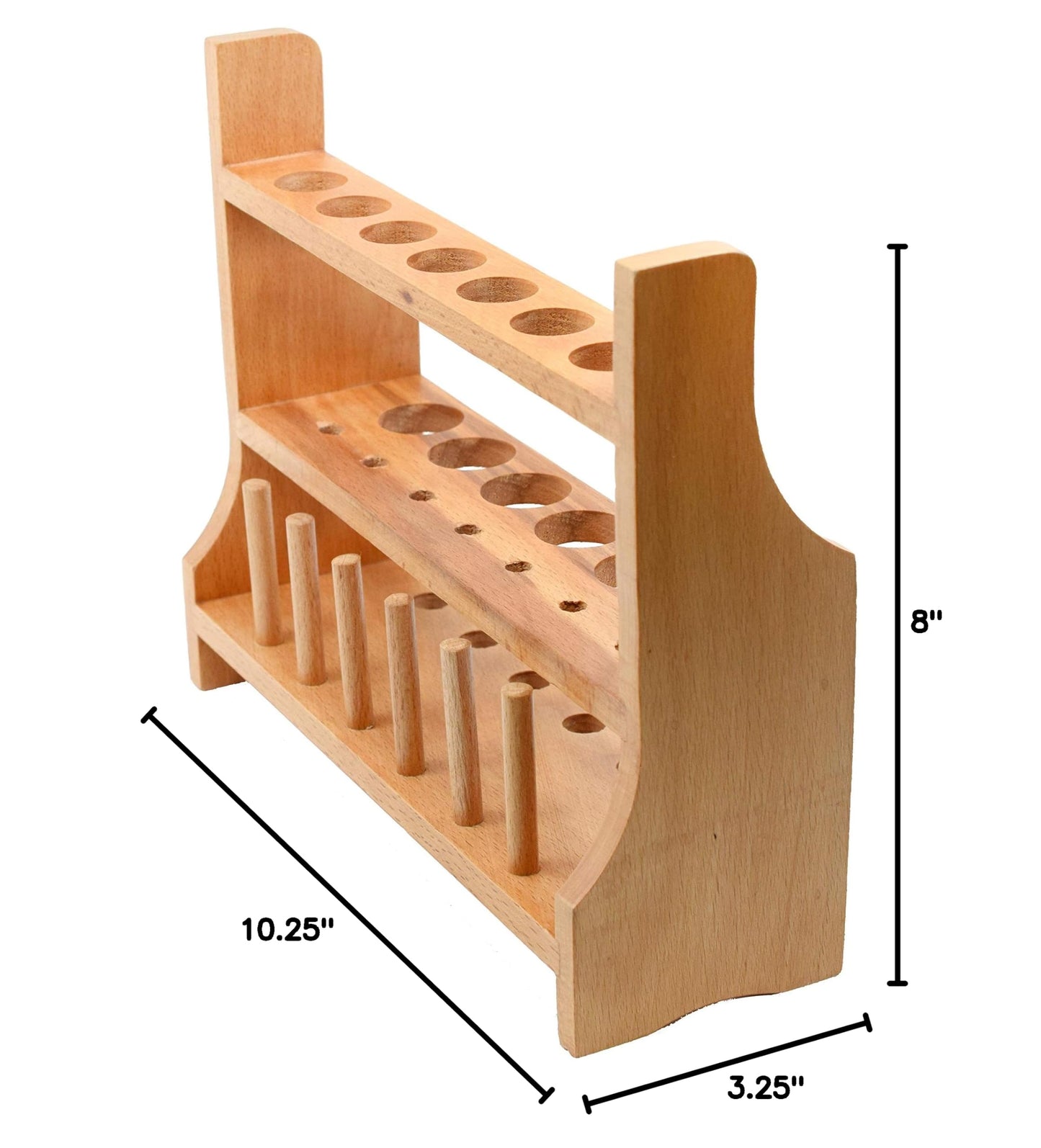 Wooden Test Tube Rack with 6 Draining Pins - Accommodates 13 Tubes, up to 25mm - 10.25" Wide, 8" Tall - Premium Polished Beech Wood Construction - Eisco Labs