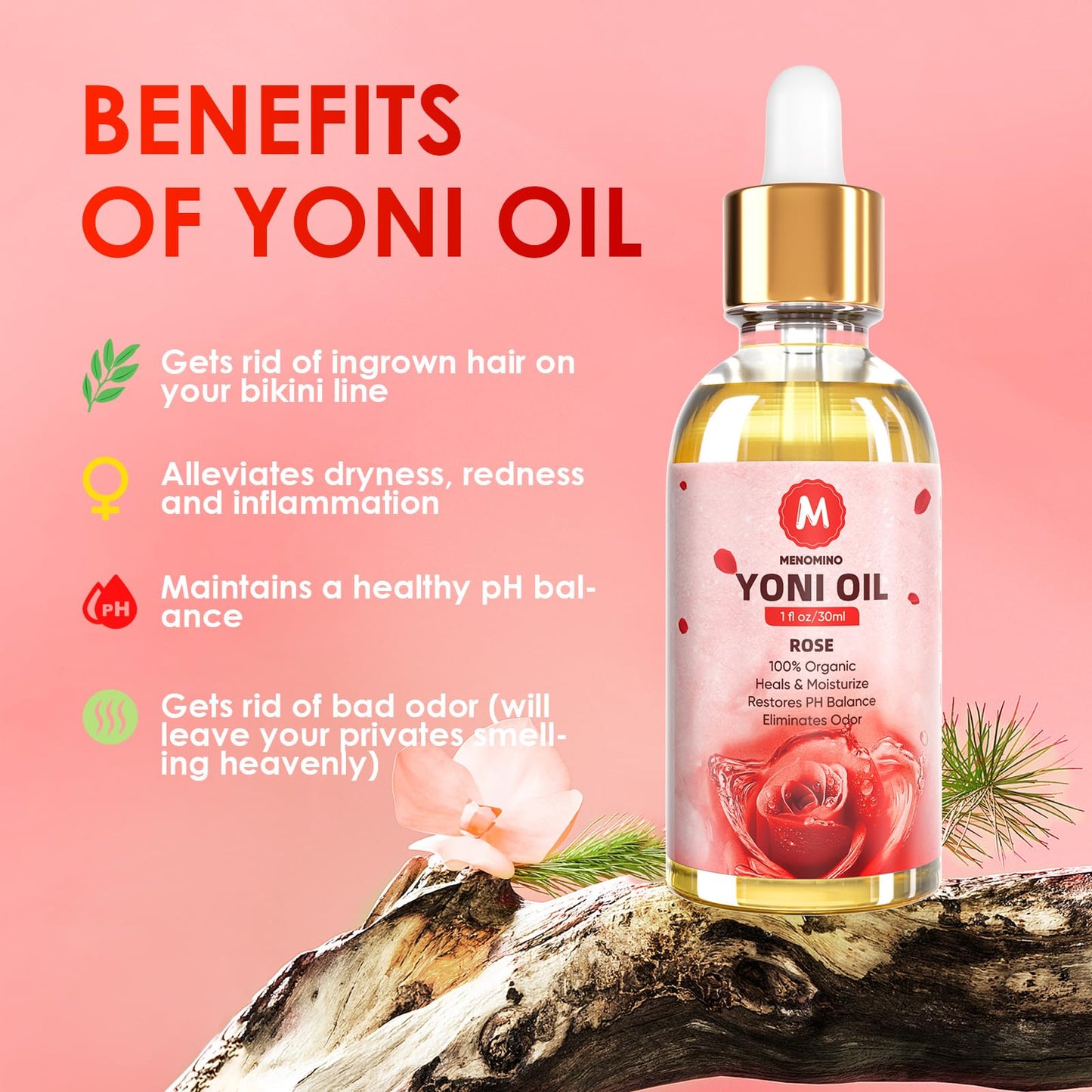 2 Pack Yoni Oil for Women - Organic Rose Feminine Oil, Feminine Deodorant - pH Balance - Eliminates Odor - Yoni Moisturizer, 100% Natural Yoni Essential Oil, 1 fl oz/pc (Rose)
