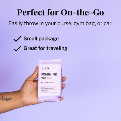 Pixie Feminine Wipes - On The Go Public Bathroom Wipes for Feminine Care - Safe On Period Cups & Menstrual Discs - Biodegradable, Flushable, pH Balanced & Unscented Menstrual Cup Wipes (20 Count)