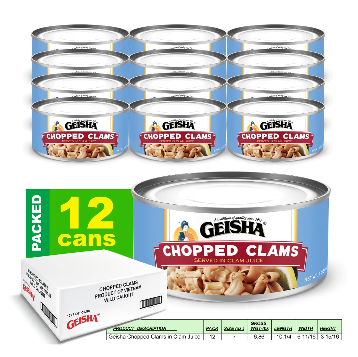 GEISHA Chopped Clams(Razor Clams) in Clam Juice 7oz(Pack of 12) | Zero Sat Fat & Trans Fat – Wild Caught – Good for Clam Chowder – Gluten Free – No MSG – NON-GMO