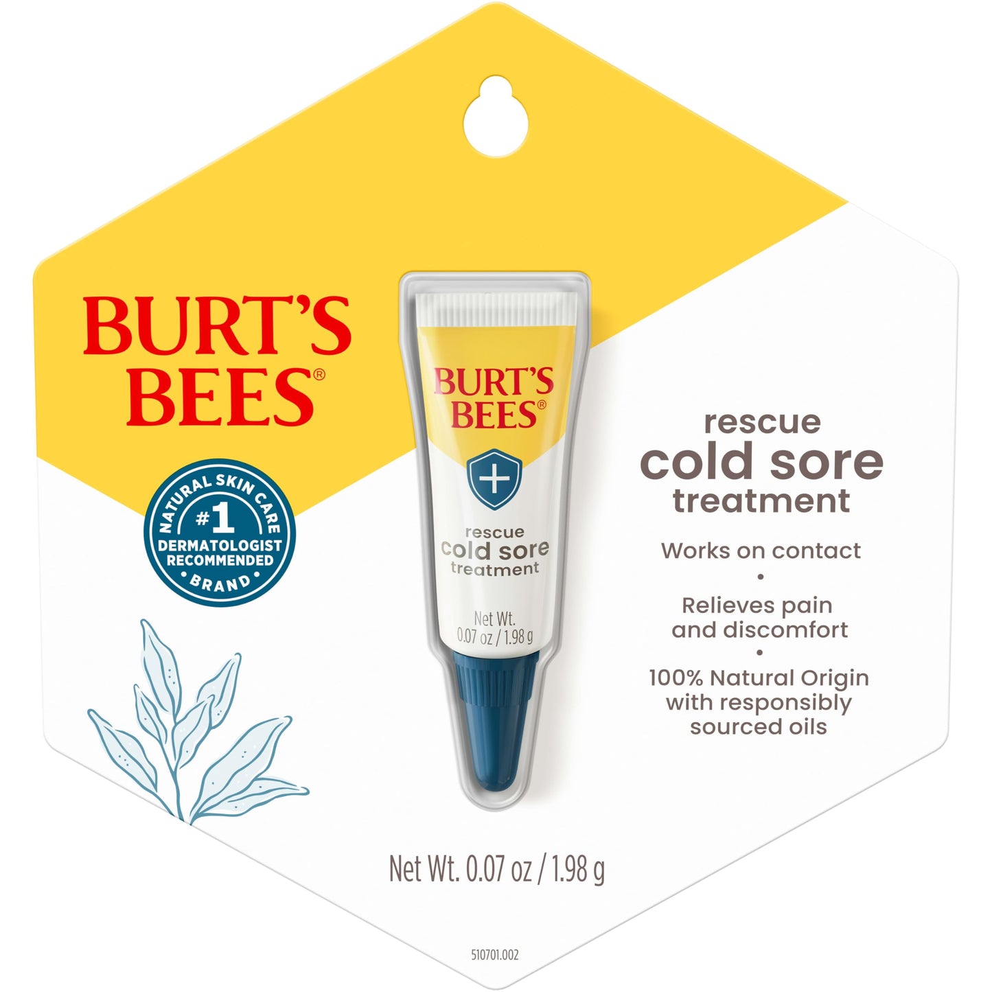 Burt's Bees Cold Sore Treatment, with Rhubarb and Sage Complex, Natural Origin Skin Care, 1 Tube, 0.07 oz.
