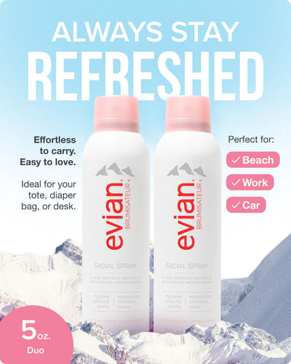 Evian Facial Spray 5 oz Duo Hydrating Mineral Water Mist for Face & Skin Refreshes Makeup, Sets, & Tones Facial Spray Twin Pack for Daily Skincare and Lightweight Facial Moisturizer Mist