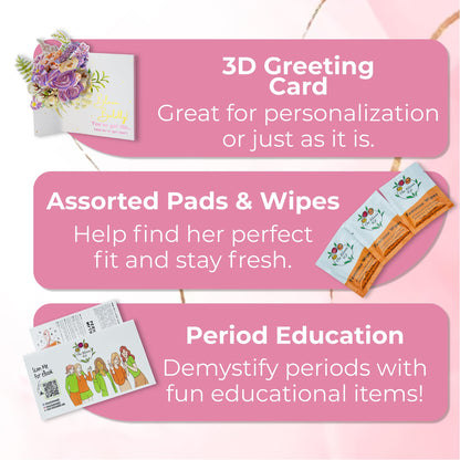 The Bloom First Period Kit for Girls 9-12 - 90 PC Period Starter Kit for Tweens - School Emergency Kit for Teen Girls with Cute Little Bags - First Period Gift Box (Green & Pink) Pack of 3