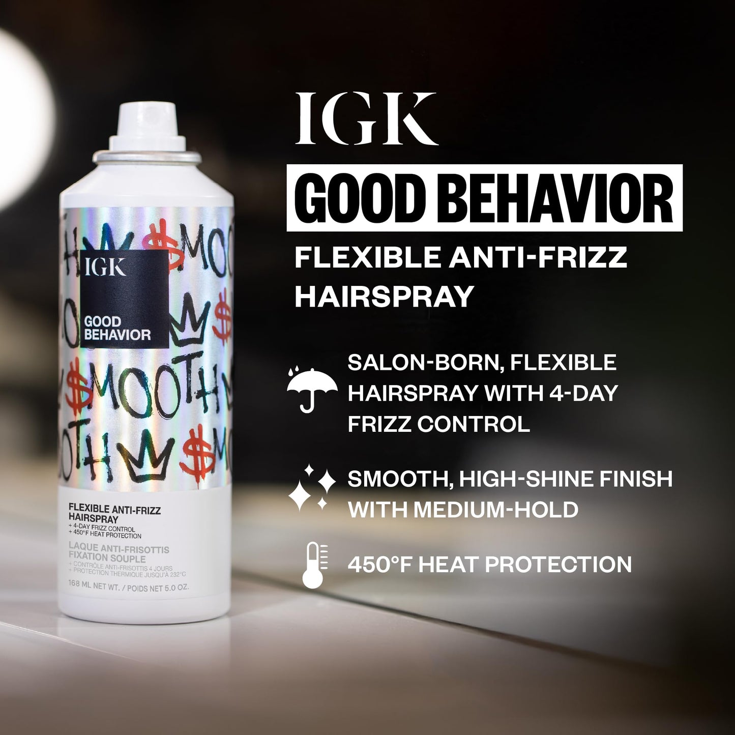 IGK GOOD BEHAVIOR Holiday 2025 Gift Set – Flexible Hairspray 5 oz, Smoothing Spray 5.6 oz, 4-in-1 Prep Spray 7 oz – Anti-Frizz, Heat Protection, Shine & Smooth Finish for All Hair Types
