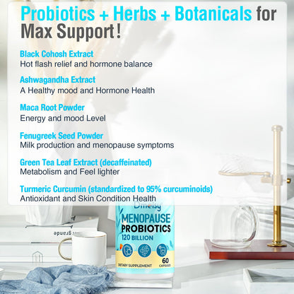 120 Billion CFU Probiotic - Menopause Support Probiotics for Women, Natural Menopause Probiotic Supplement for Hot Flashes Night Sweats Mood Swings Hormone Balance Gut & Immune Health- 120 Caps