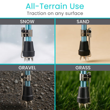 Vive Cane Tips for Ice - All Terrain Heavy Duty (2 Pack) Metal Retractable 4-Prong Hiking Attachment - Replacement Grip for Walking Sticks, Trekking Pole, Crutches, Tip Points for Winter Snow Safety