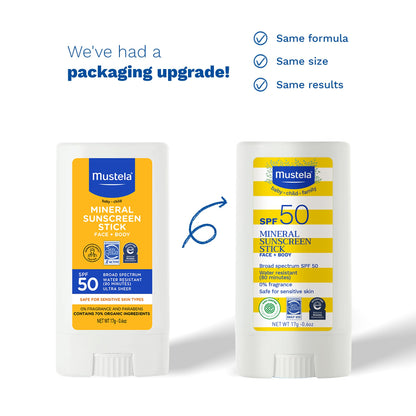 Mustela Baby Mineral Sunscreen Stick SPF 50 Broad Spectrum - Face & Body Sun Stick with 70% Organic Ingredients - Ultra Sheer, Water Resistant & Fragrance-Free - 0.6 oz.