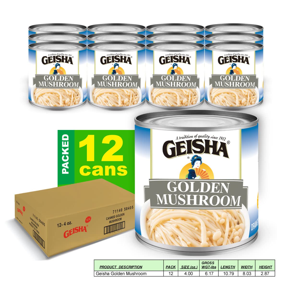 GEISHA Golden Mushroom 4OZ. (Pack of 12), Enoki(Golden Mushroom) | Halal Certified － NON-GMO － Gluten Free－Only 15 Calories per Container