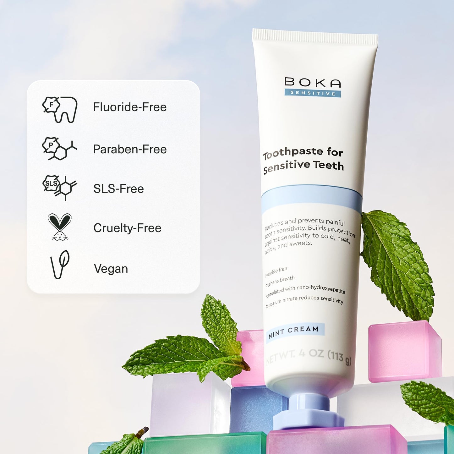 Boka Sensitive Toothpaste - Sensitive Teeth Relief, Fluoride Free, Nano Hydroxyapatite, Potassium Nitrate for Tooth Sensitivity and Protection for Adults - Mint Coconut Cream, 4 Fl Oz, 1 Pk