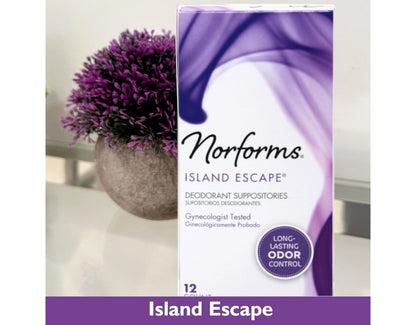 Norforms Feminine Deodorant Suppositories, Long Lasting Odor Control, Island Escape Scent, 12 Count (Pack of 3)
